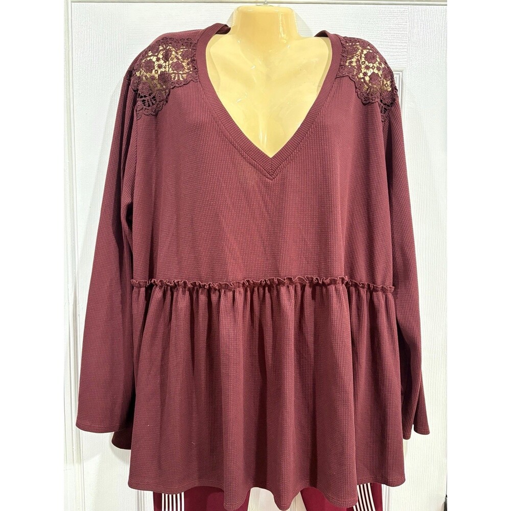 Torrid 3 3X Burgundy Lace Shoulder Babydoll Thermal Top V Neck Plus Size